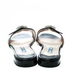 Pre Owned Prada Black Patent Saffiano Leather Crystal Embellished Flat Slides Size 38