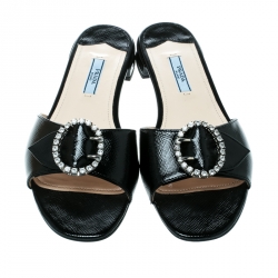 Pre Owned Prada Black Patent Saffiano Leather Crystal Embellished Flat Slides Size 38