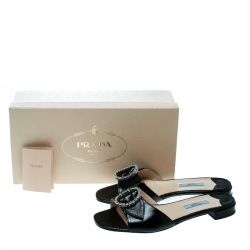 Pre Owned Prada Black Patent Saffiano Leather Crystal Embellished Flat Slides Size 38