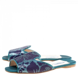 Pre Owned Prada Blue/Green Floral Sequins Embellished Flat Slides Size 38