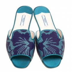 Pre Owned Prada Blue/Green Floral Sequins Embellished Flat Slides Size 38