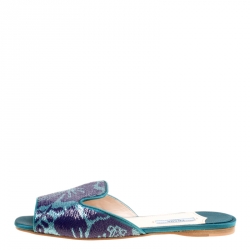 Pre Owned Prada Blue/Green Floral Sequins Embellished Flat Slides Size 38
