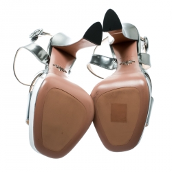 Pre Owned Prada Metallic Silver Leather Ankle Strap Block Heel Platform Sandals Size 36.5