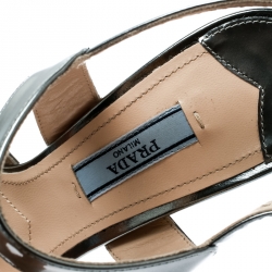 Pre Owned Prada Metallic Silver Leather Ankle Strap Block Heel Platform Sandals Size 36.5