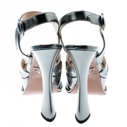 Pre Owned Prada Metallic Silver Leather Ankle Strap Block Heel Platform Sandals Size 36.5