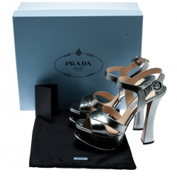 Pre Owned Prada Metallic Silver Leather Ankle Strap Block Heel Platform Sandals Size 36.5