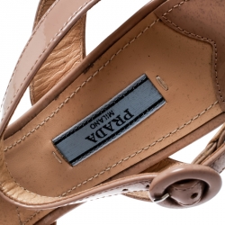 Pre Owned Prada Beige Patent Leather Ankle Strap Block Heel Platform Sandals Size 37
