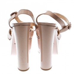 Pre Owned Prada Beige Patent Leather Ankle Strap Block Heel Platform Sandals Size 37