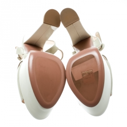 Prada Cream Patent Leather Ankle Strap Block Heel Platform Sandals Size 38