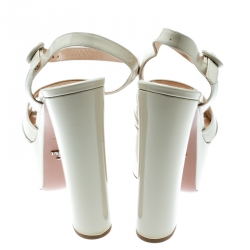 Prada Cream Patent Leather Ankle Strap Block Heel Platform Sandals Size 38