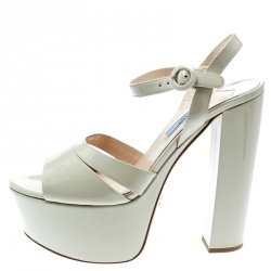 Prada Cream Patent Leather Ankle Strap Block Heel Platform Sandals Size 38
