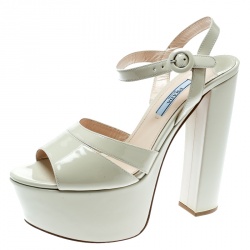 Prada Cream Patent Leather Ankle Strap Block Heel Platform Sandals Size 38
