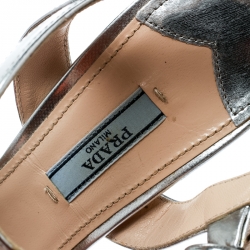 Prada Metallic Silver Leather Ankle Strap Block Heel Platform Sandals Size 39