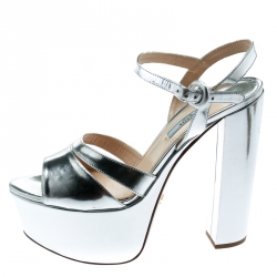 Prada Metallic Silver Leather Ankle Strap Block Heel Platform Sandals Size 39