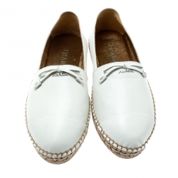 Pre Owned Prada White Leather Bow Detail Espadrilles Size 37.5