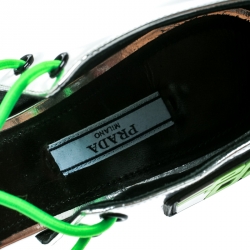 Pre Owned Prada Metallic Silver Leather With Elasticized Cord Open Toe Sporty Sandals Size 39