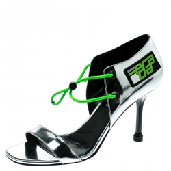 Pre Owned Prada Metallic Silver Leather With Elasticized Cord Open Toe Sporty Sandals Size 39