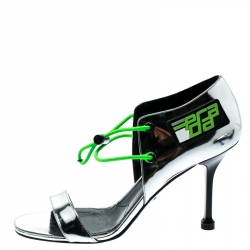 Pre Owned Prada Metallic Silver Leather With Elasticized Cord Open Toe Sporty Sandals Size 39