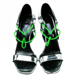 Pre Owned Prada Metallic Silver Leather With Elasticized Cord Open Toe Sporty Sandals Size 39