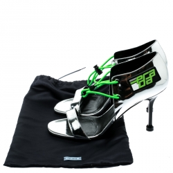 Pre Owned Prada Metallic Silver Leather With Elasticized Cord Open Toe Sporty Sandals Size 39
