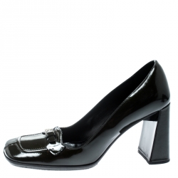 Pre Owned Prada Dark Green Patent Leather Buckle Detail Block Heel Pumps Size 36.5