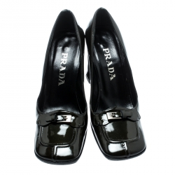 Pre Owned Prada Dark Green Patent Leather Buckle Detail Block Heel Pumps Size 36.5