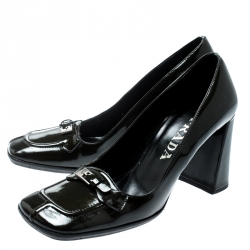 Pre Owned Prada Dark Green Patent Leather Buckle Detail Block Heel Pumps Size 36.5
