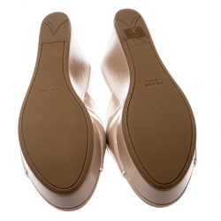 Pre Owned Prada Beige Saffiano Leather Peep Toe Platform Wedge Slides Size 39.5