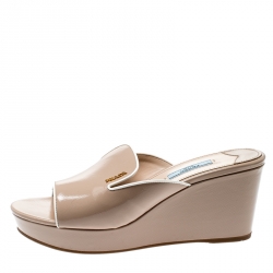 Pre Owned Prada Beige Saffiano Leather Peep Toe Platform Wedge Slides Size 39.5