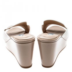 Pre Owned Prada Beige Saffiano Leather Peep Toe Platform Wedge Slides Size 39.5