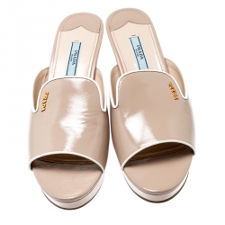 Pre Owned Prada Beige Saffiano Leather Peep Toe Platform Wedge Slides Size 39.5