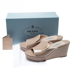 Pre Owned Prada Beige Saffiano Leather Peep Toe Platform Wedge Slides Size 39.5