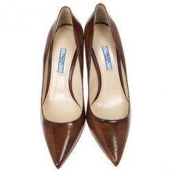 Pre Owned Prada Brown Leather Pointed Toe Pumps Size 40.5
