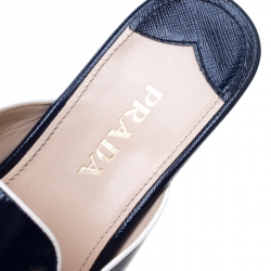 Pre Owned Prada Navy Blue Saffiano Patent  Leather Wedge Slide Sandal Size 38.5
