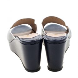 Pre Owned Prada Navy Blue Saffiano Patent  Leather Wedge Slide Sandal Size 38.5