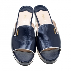 Pre Owned Prada Navy Blue Saffiano Patent  Leather Wedge Slide Sandal Size 38.5