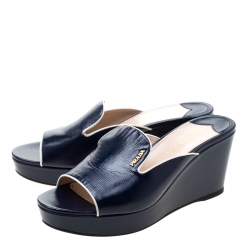 Pre Owned Prada Navy Blue Saffiano Patent  Leather Wedge Slide Sandal Size 38.5
