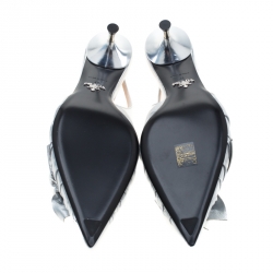 Pre Owned Prada Metallic Silver Leather Bow Detail Pointed Toe Slingback Sandals Size 41