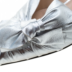 Pre Owned Prada Metallic Silver Leather Bow Detail Pointed Toe Slingback Sandals Size 41