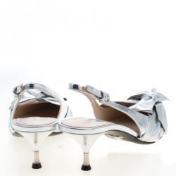 Pre Owned Prada Metallic Silver Leather Bow Detail Pointed Toe Slingback Sandals Size 41