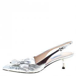 Pre Owned Prada Metallic Silver Leather Bow Detail Pointed Toe Slingback Sandals Size 41