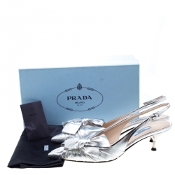 Pre Owned Prada Metallic Silver Leather Bow Detail Pointed Toe Slingback Sandals Size 41