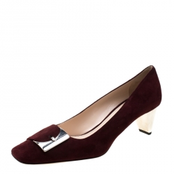 Pre Owned Prada Burgundy Suede Buckle Detail Square Toe Pumps Size 38.5