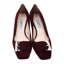 Pre Owned Prada Burgundy Suede Buckle Detail Square Toe Pumps Size 38.5