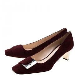 Pre Owned Prada Burgundy Suede Buckle Detail Square Toe Pumps Size 38.5
