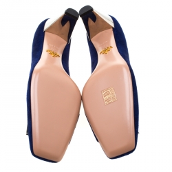 Pre Owned Prada Navy Blue Suede Buckle Detail Square Toe Pumps Size 38.5