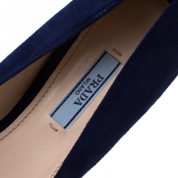 Pre Owned Prada Navy Blue Suede Buckle Detail Square Toe Pumps Size 38.5