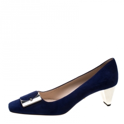 Pre Owned Prada Navy Blue Suede Buckle Detail Square Toe Pumps Size 38.5