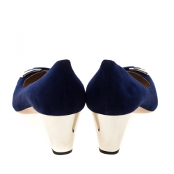 Pre Owned Prada Navy Blue Suede Buckle Detail Square Toe Pumps Size 38.5