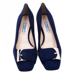 Pre Owned Prada Navy Blue Suede Buckle Detail Square Toe Pumps Size 38.5